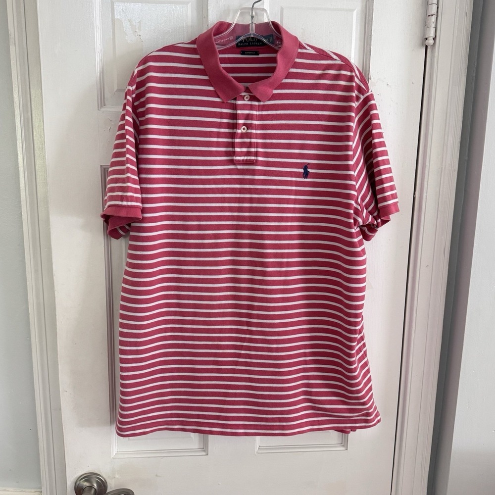 Polo Ralph Lauren Shirt Custom Fit Pique Striped Pink White Men Sz 2XL Pony